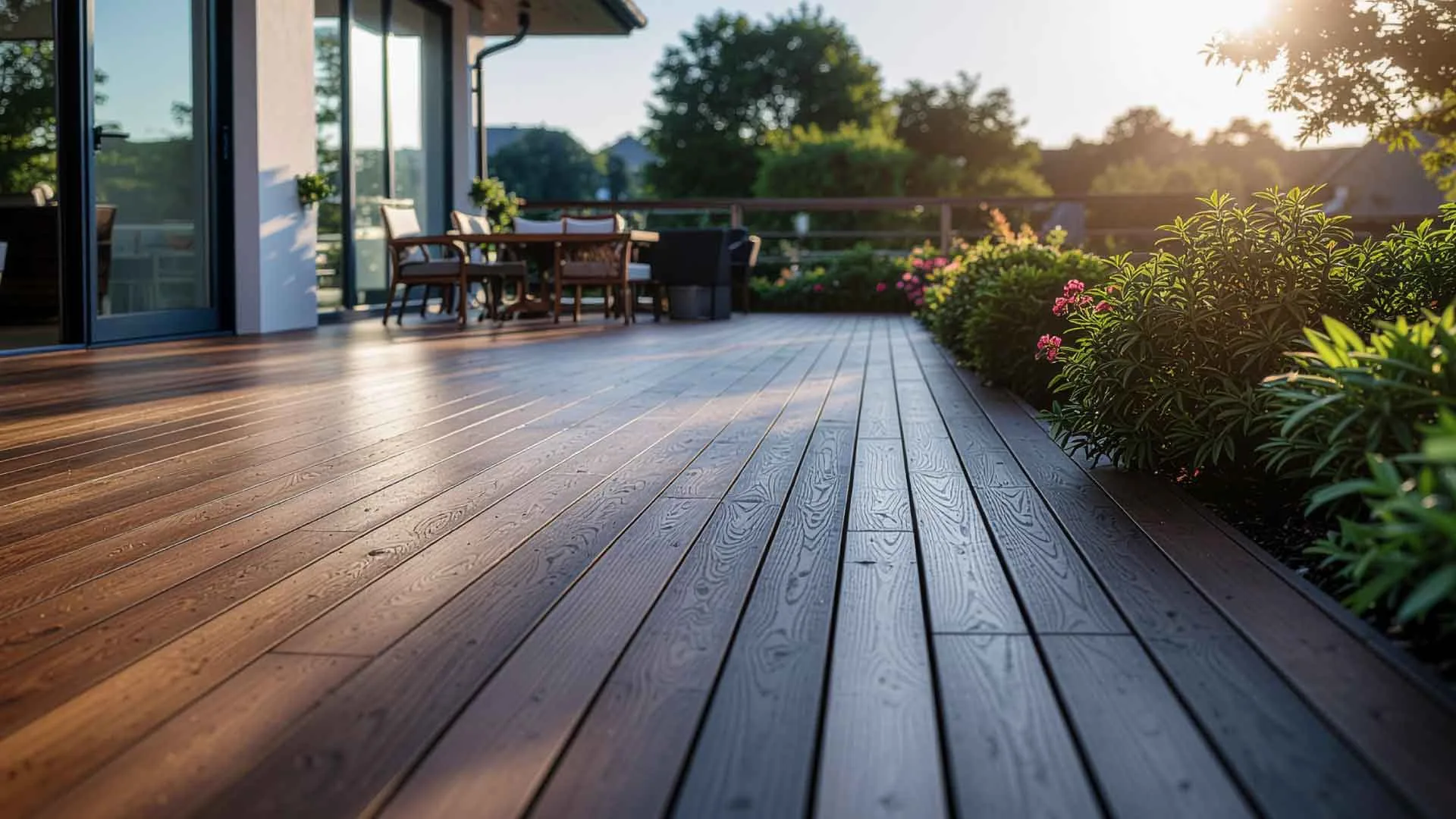 Terrasse et cuisine aménagées en bois, réalisations Agencement Klein